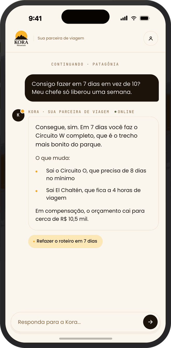 Assistente Kora ajustando o roteiro de 10 para 7 dias