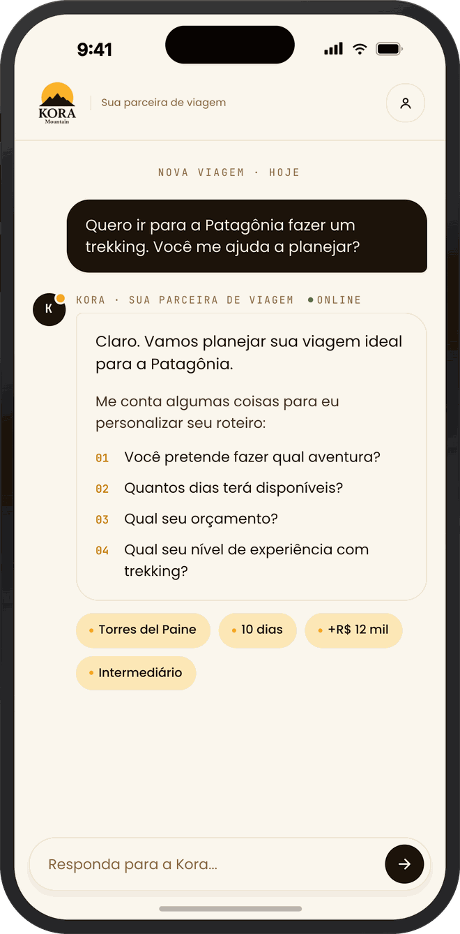 Conversa com o Assistente Kora para planejar uma expedição na Patagônia