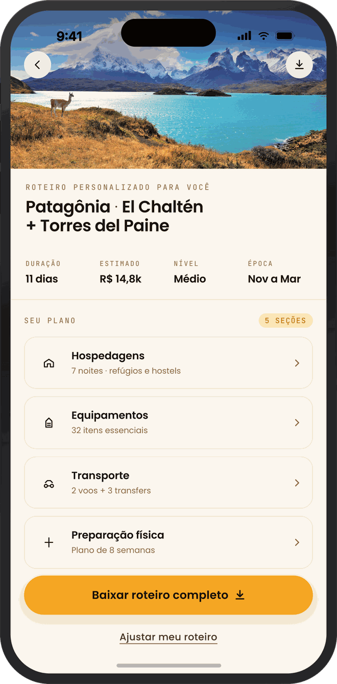 Roteiro personalizado da Patagônia gerado pelo Assistente Kora